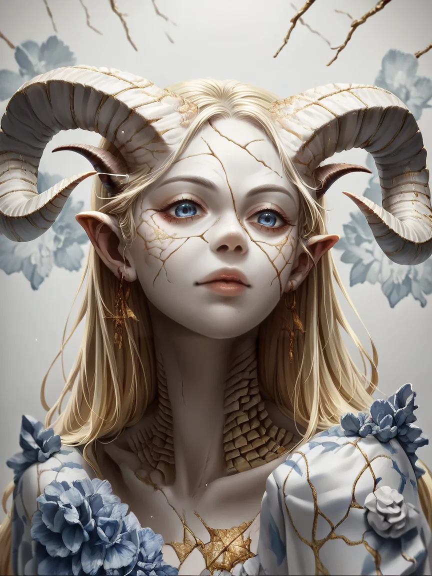 score_9, score_8_up, score_7_up, score_6_up, score_5_up, score_4_up, <lora:K1ntsug1XLP:0.8> 1girl, blue willow pattern, k1ntsug1, blue eyes, gold cracks, kintsugi, long hair, horns