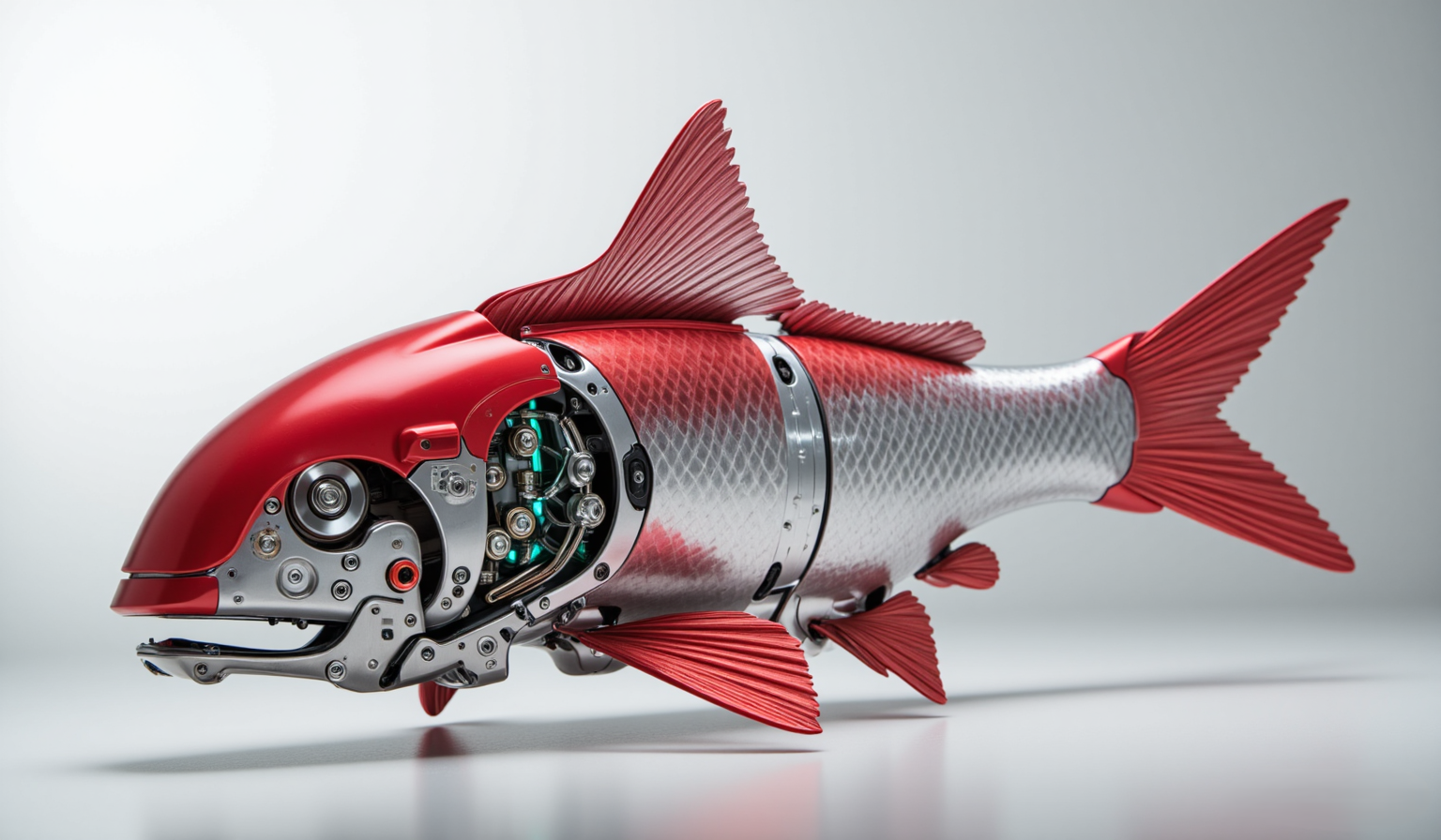 Profile view of a mechanical koi fish resting on a glass platform, segmented aluminum plating across the body, translucent polymer fins with servo joints, glowing micro-turbines embedded in the gills. Reflective red and white finish, clean white-to-grey background with controlled soft shadows. Hyper-detailed, luxury concept product styling, cinematic lighting. 

mg-mk.1, textured surface, polished finish, high-tech, metallic surface
