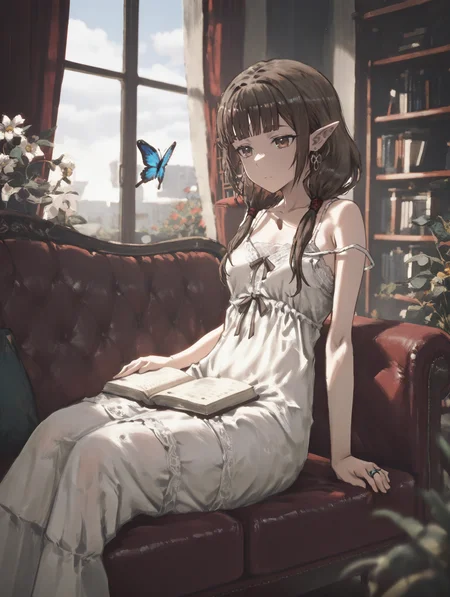 perfect quality,high quality,masterpiece,best quality,amazing quality,very aesthetic,absurdres,Cinematic Lighting,newest,Tactical use of shadow,
1girl,solo,brown hair,long hair,bangs,blunt bangs,twintails,low twintails,brown eyes,IinoMikoCYQL,,
jewelry,elf,pointyears,earrings,book,whitedress,dress,flower,strapslip,ring,indoors,lying,twintails,closedmouth,onside,blueflower,partedbangs,window,bareshoulders,lookingatviewer,collarbone,smallbreasts,couch,dropearrings,bookshelf,breasts,bookstack,feetoutofframe,sleevelessdress,sleeveless,scenery,curtains,spaghettistrap,expressionless,bug,blurryforeground,thickeyebrows,butterfly,bluebutterfly,armsupport,sky,oncouch,sitting,openbook,ribbon,camisole,offshoulder,veryday,nightgown,blurry,barearms,dangleearrings,plant,
<lora:spo_sdxl_10ep_4k-data_lora_webui>,<lora:NOOB_EPSv1_1_detailer_by_vlnvk_v1_0>,<lora:shiej007>,,<lora:lora.by_tusi:1>,