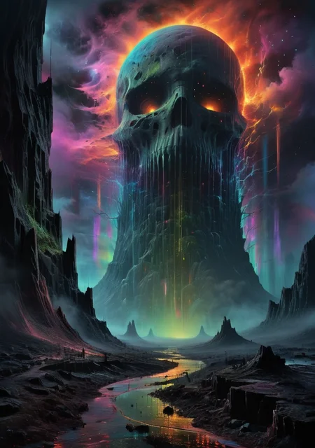 mysterious silhouette horrendous tower raising to the moon, black light art, Stylized dark art,
ultra realistic 8k cg, flawless, clean, masterpiece, professional artwork, famous artwork, cinematic lighting, cinematic bloom, breathtaking scenery,
,painted world, galaxy,(souls of warriors around the tower:1.2) with eerie visions, (mist:1),real textures, fire rain, <lora:EdobHorrorLandscape_XL_v1.0:1> ,<lora:linquivera:1>, <lora:The_Dark_Side_of_the_Earth:0.5>,colorful scribbles, psychedelic art, colorpop,<lora:ral-hlgrphic-sdxl:1>,ral-hlgrphic, holographic face in the horizon, <lora:add-detail-xl:1.2>