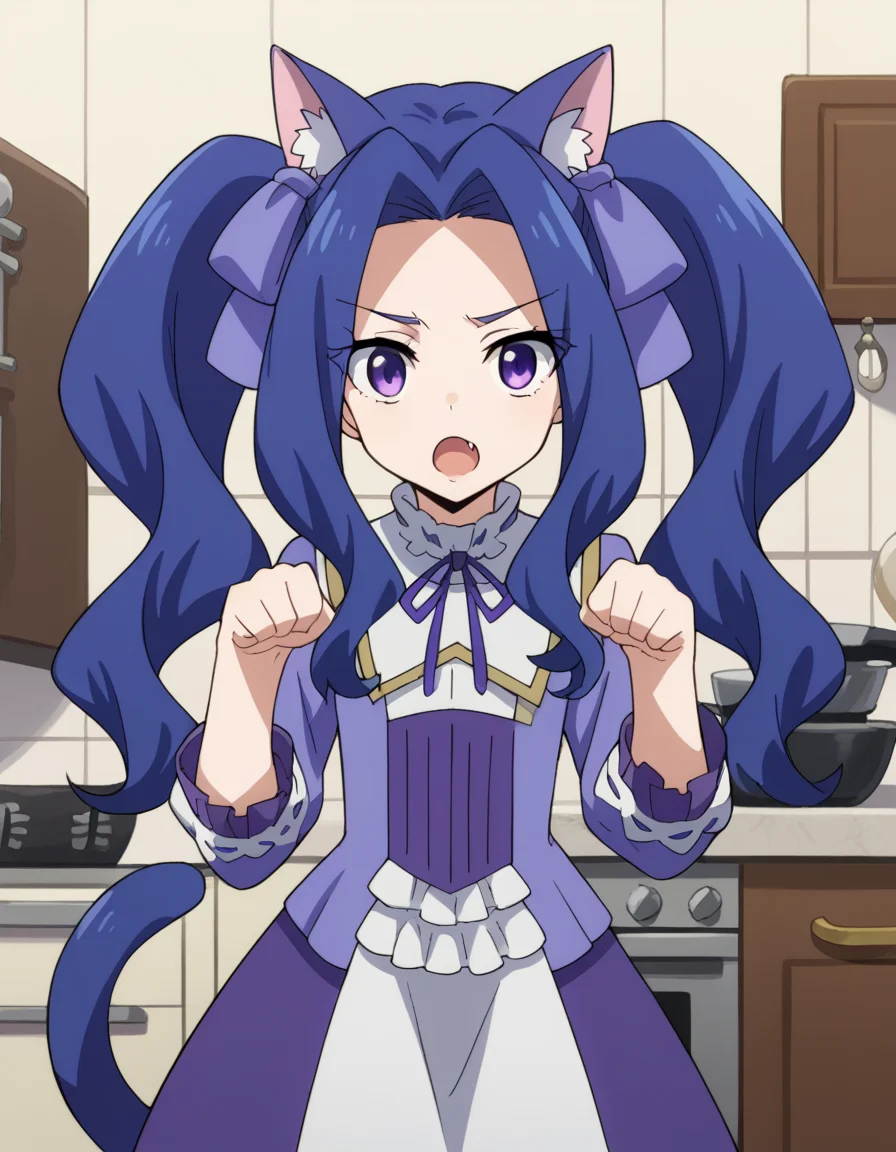 score_9, score_8_up, score_7_up, source_anime, <lora:melty-q-melromarc-s1-ponyxl-lora-nochekaiser:1>, melty q melromarc, long hair, ribbon, twintails, blue hair, purple eyes, hair ribbon, purple ribbon, parted bangs,, long sleeves, dress, frills, ribbon trim, purple dress,, kitchen, stove, fridge, utensils, chef, , <lora:paw-pose-ponyxl-lora-nochekaiser:1>, paw pose, cat ears, cat tail, animal ears, tail, cat girl, open mouth, fang, whiskers,, looking at viewer, solo,, dutch angle, cowboy shot