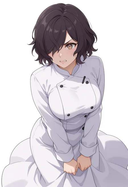 Smooth Quality,masterpiece,very intricate, high quality details, ultra realistic, high detailed skin,detailed enviorement,absurdres,
simple background, white background,
,dynamic angle,tears,angry,
baseball jacket, ,chef coat, ,sheer skirt, , <lora:Kiclacnn:0.7> Kiclacnn, 1girl, black hair, brown eyes, symbol-shaped pupils, short hair, hair over one eye,