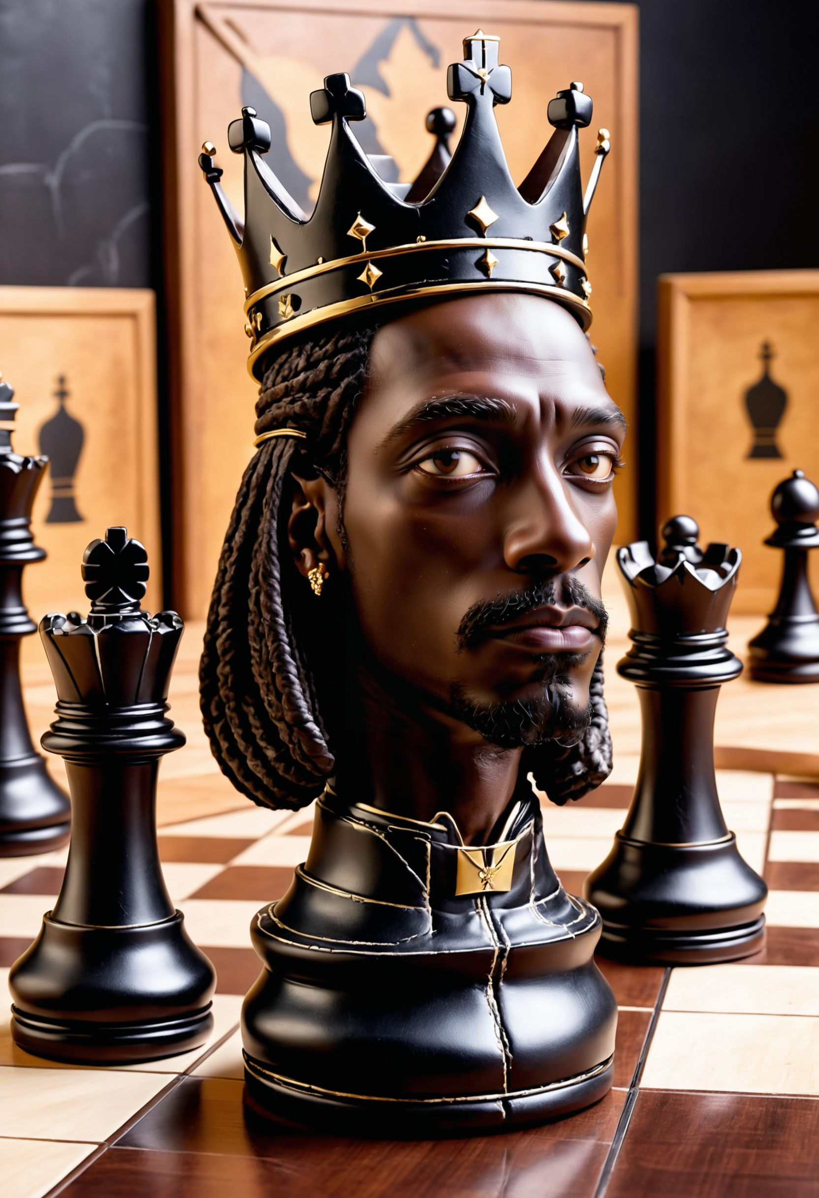a black chess piece[: looking like Snoop Dogg : 6], wearing a crown, in the style of William Copley and Ismail Inceoglu, on a chess board with large squares and pieces in the background
<lora:dvr-lthr:1> dvr-lthr