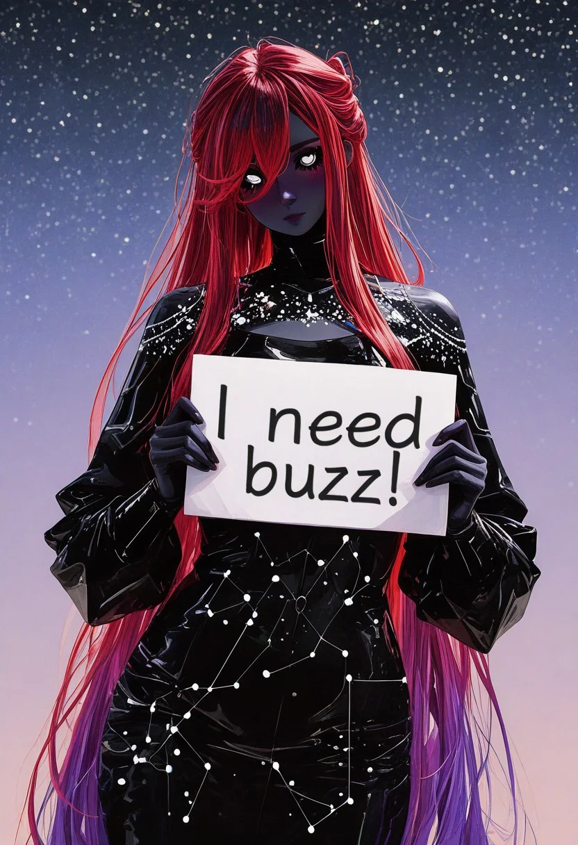 Best quality, masterpiece, 1girl, very long hair, deep red hair, deep purple hair, gradient hair, starry hair, galaxy hair, colored skin, black skin, voluptuous, constellation skin, half up hairstyle,
nhl-001, realistic
BREAK
CG, Detailed eyes, colored sclera, black sclera, (white eyes), colored blush, purple blush
BREAK
Black Dress, need_buzz, holding sign, sign says "I need buzz"
BREAK
dynamic pose