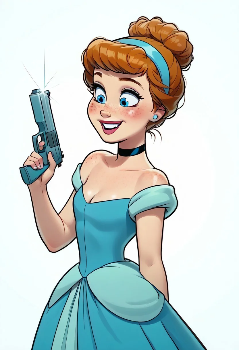 score_9, score_8_up, score_7_up, score_6_up, rating_safe, 1girl, 18yo anna, blue eyes, freckles, hair bun, hairband, makeup, bare shoulders, blue dress, long skirt, princess, choker, cleavage, cutest girl in the world, cutest girl in the world, cute cheeks, thigh gap, petite, freckles, freckled girl, bubble butt, kinky, adorable, petite, round face, skinny, smiling, adorable, holding pistol with a silencer, CinderellaXLP
dark alley background, detailet background