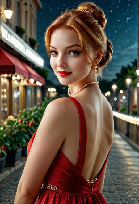 19 year old woman with strawberry blond hair in a low bun wearing a long sleek elegant red dress pearl earrings and a pearl necklace, hyper realistic, 4k, masterpiece, beautiful, facing the viewer, pale skin, fair skin, smile, standing outside at night
<lora:sc4rl3tgr3y-h-sdxl:1.0>, shot from a distance, full body shot
detailed eyes, perfect eyes, photorealistic eyes,
