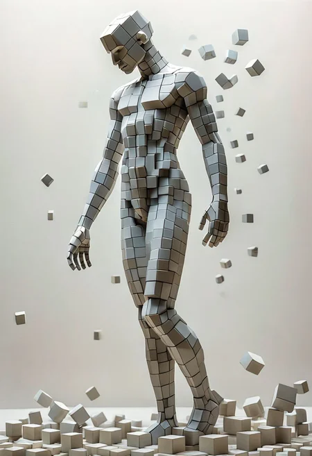artcbd, Create an image of male figure composed entirely of cubes in various sizes. The figure should appear as if constructed from these geometric shapes, with distinct cubes forming the head, torso, arms, and legs. The cubes vary in size to represent different body parts proportionately, creating a visually interesting and abstract representation of a human body. The composition should be clear, with a focus on how the blocks assemble to mimic human anatomy. The background should be neutral to emphasize the figure