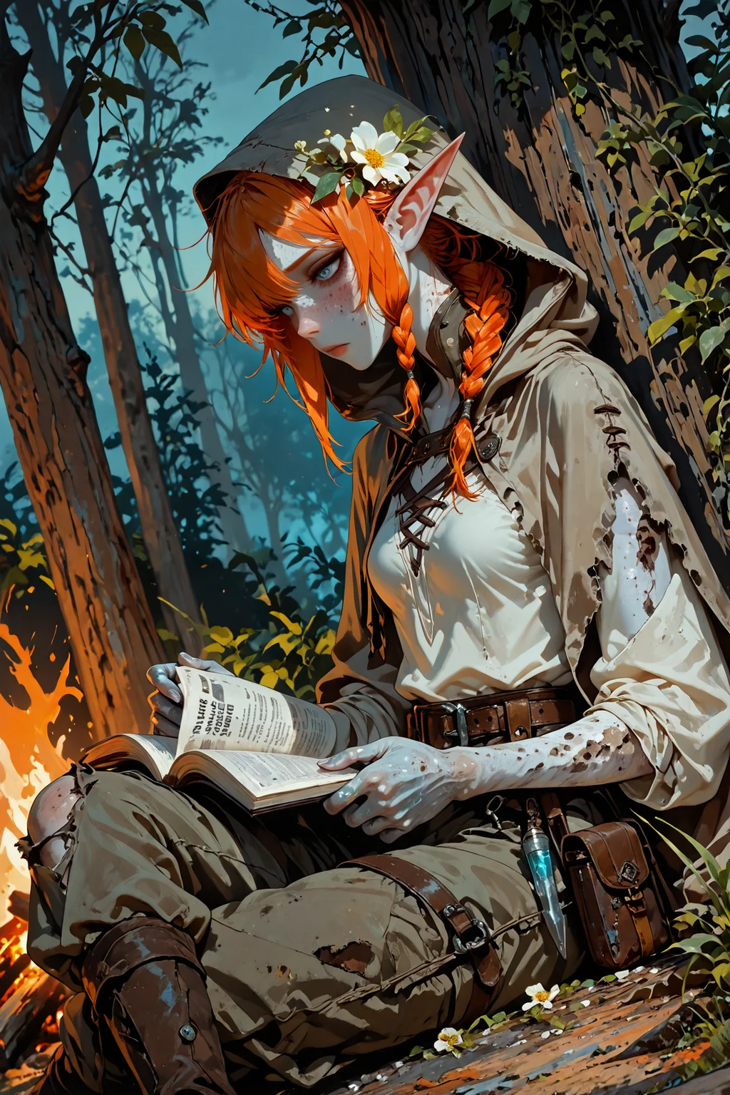 artist:moriimee, torn clothes,
solo, masterpiece, best quality, colored extremities, dutch angle,
nature, evening, cosy shadows,
female, half-elf, pale blue eyes, (glowing eyes:0.2),
orange hair, medium hair, messy hair, (asymmetrical sidelocks:1.2), (low-tied sidelocks:0.8), (braided ponytail:1.4), (long ponytail:1.2), (flowers in hair:1.1),
(freckled skin:1.5), (small breasts:1.2), half elf ears, belt with pouches, potions pouch, slender, graceful, light brown cloak, light tunic, loosely fitted trousers, olive drab pants, (silver fingers:1.2), hood up,
reading journal, sitting, legs crossed, implied campfire, pouch of various herbs on the ground, (glowing potions on the ground:0.6),