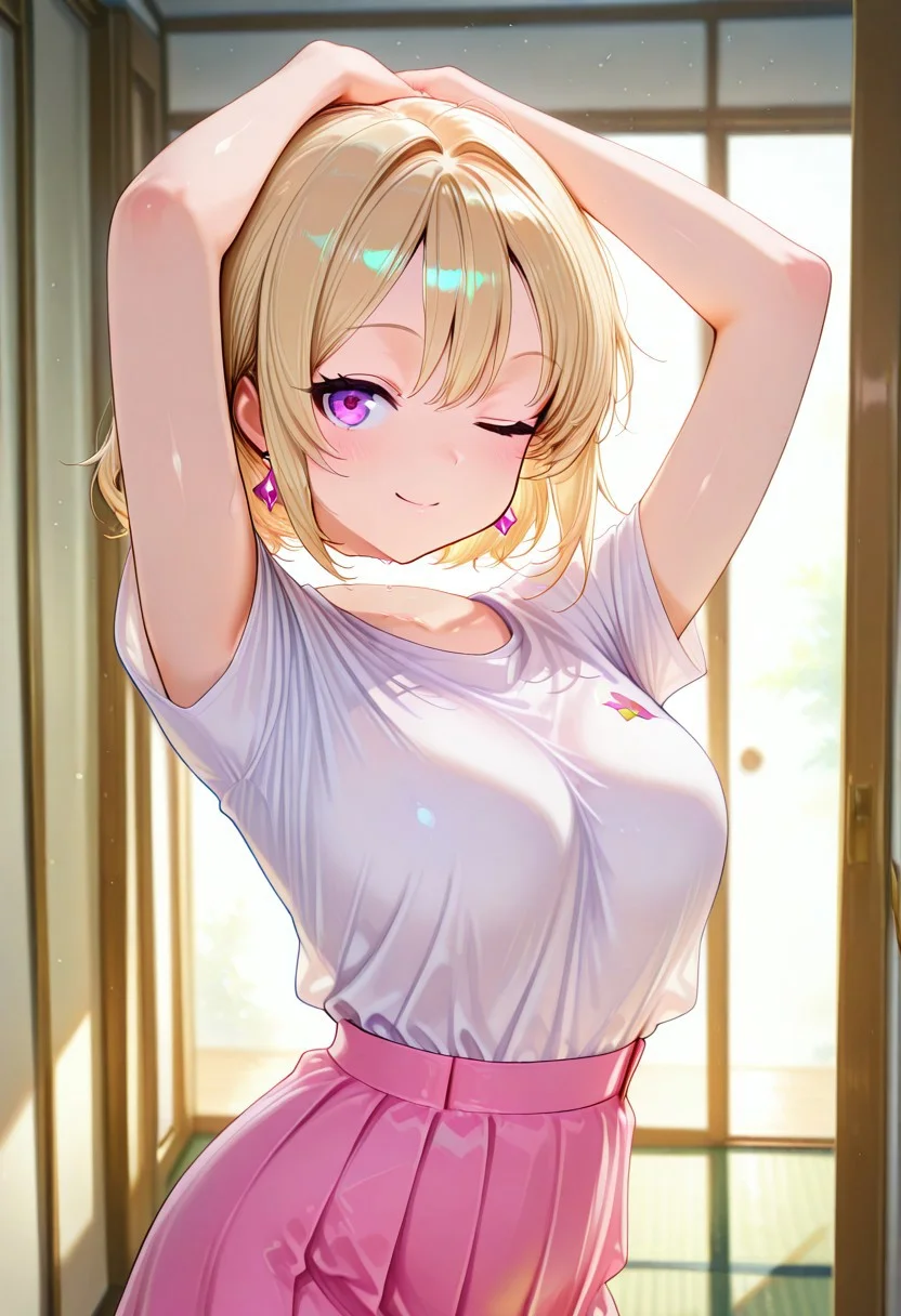 masterpiece, best quality, amazing quality, very aesthetic, high resolution, ultra-detailed, absurdres, newest, volumetric lighting, absolutely eye-catching,
1girl, Kawai Mona, dynamic pose, portrait shot, in front of her home, morning, standing, blonde hair, purple eyes, white shirt, short sleeves, cute pink skirt, looking at viewer, wink,
disembodied_head_smooth_shoulder
