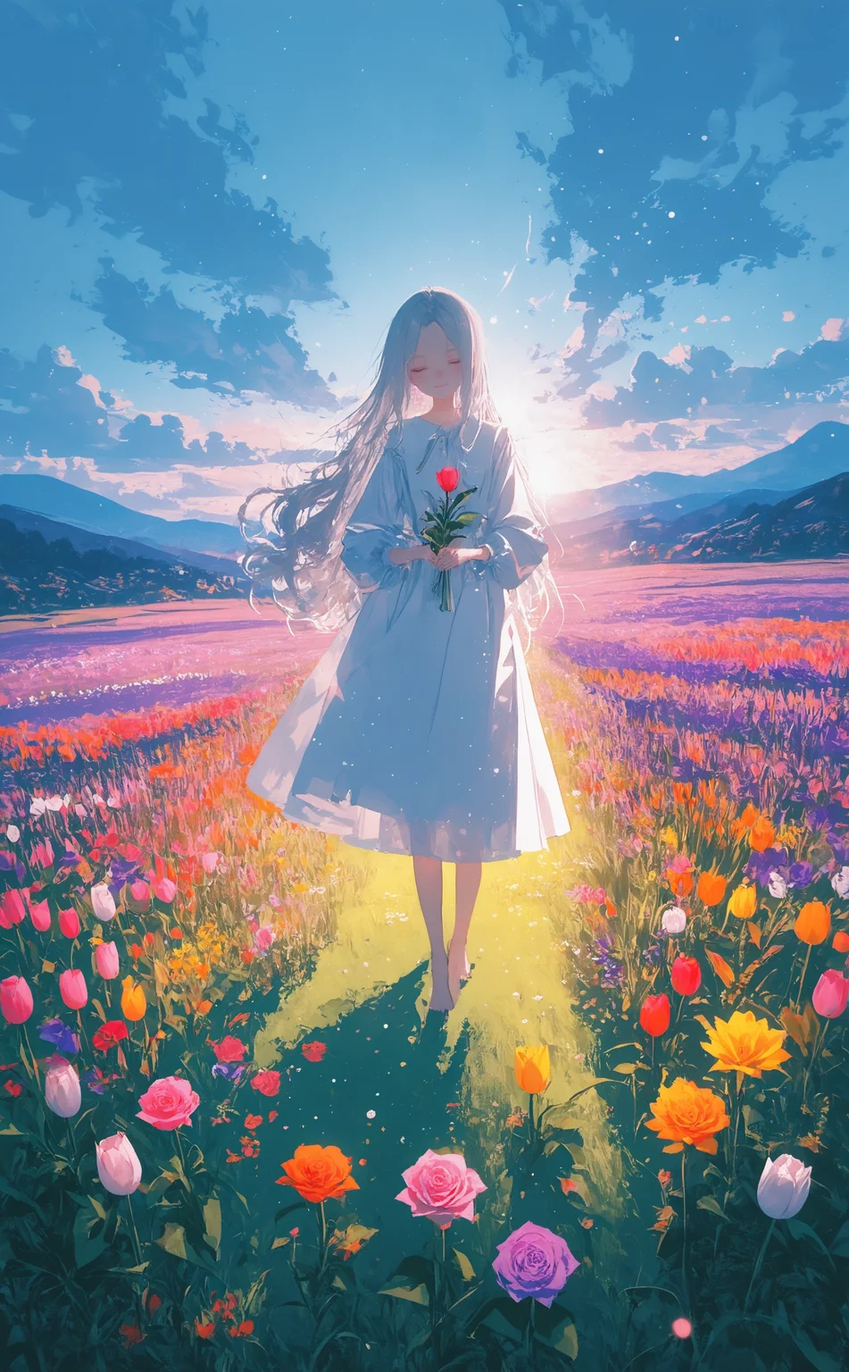 masterpiece, best quality, amazing quality, 1girl, solo, long hair, smile, long sleeves, dress, holding, closed mouth, very long hair, standing, full body, closed eyes, grey hair, flower, outdoors, sky, barefoot, day, puffy sleeves, cloud, white dress, star \(symbol\), blue sky, parted bangs, eyelashes, shadow, rose, wavy hair, leaf, moon, white flower, sunlight, grass, cloudy sky, light smile, red flower, crescent, straight hair, facing viewer, scenery, puffy long sleeves, pink flower, light blush, light particles, backlighting, yellow flower, red rose, purple flower, long dress, straight-on, wide shot, field, crescent moon, pink rose, flower field, sleeves past elbows, orange flower, landscape, on grass, sidelighting, hill, daisy, tulip, meadow, Cinematic Lighting, Karinami Inkblush mode,thick ink outlines,soft marker gradients,era 2020s indie illustration,(Inkblush style:1.2), <lora:noobai_ep11_stabilizer_v0.138_fp16:0.3> <lora:XXX667:0.6> <lora:lpc_v10:0.7> <lora:96YOTTEA-WAI:0.6> <lora:Karinami_Inkblush_mode_Illustrious_clean:0.55>