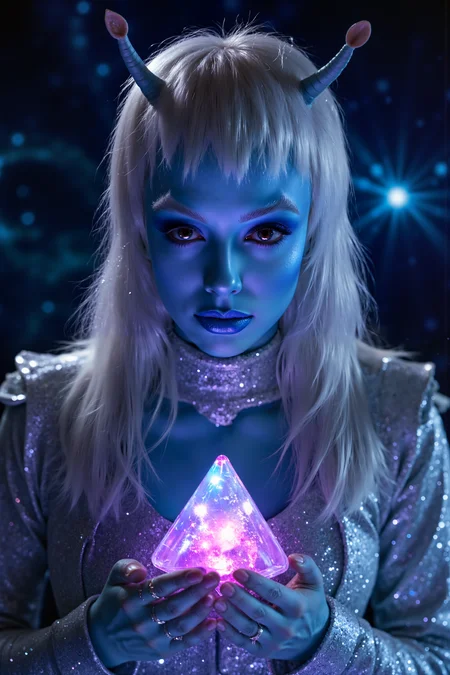 A hyper-realistic portrait, photorealistic photo close-up image of A close-up portrait of a young female andorian with long, flowing white hair and blue skin, standing on a floating platform made of translucent crystal. Sheâs holding a glowing, triangular prism in her delicate hands, its surface shifting and changing colors from deep violet to electric blue. Her large, almond-shaped eyes, shimmering with hints of gold, are fixed intently on the prism as if trying to decipher its secrets. She wears a strange, high-collared cloak made of shimmering, liquid-like material that ripples and flows around her, reflecting the colors of the prism. The background shows a vast, cosmic sky filled with swirling nebulae and distant stars, giving the impression that sheâs in a place far beyond the ordinary. The ethereal beauty of the elf combined with the mysterious triangle object creates a sense of otherworldly intrigue. Her pointed ears twitch slightly as the prism emits a soft, melodic hum, resonating with the energy of the cosmos around her. (photography, high-resolution, dynamic, energetic,hyper-realistic, dramatic lighting, shallow depth of field.), detailmaximizer, MythP0rt<lora:midjourney_whisper_flux_lora_v01:0.55><lora:aidmaMJ6.1-FLUX-V0.1:0.4><lora:FluxMythP0rtr4itStyle:0.4><lora:detailed_flux_ntc:2.2><lora:aidmaImageUpgrader-FLUX-V0.1:0.65><lora:andorian_FLUX>