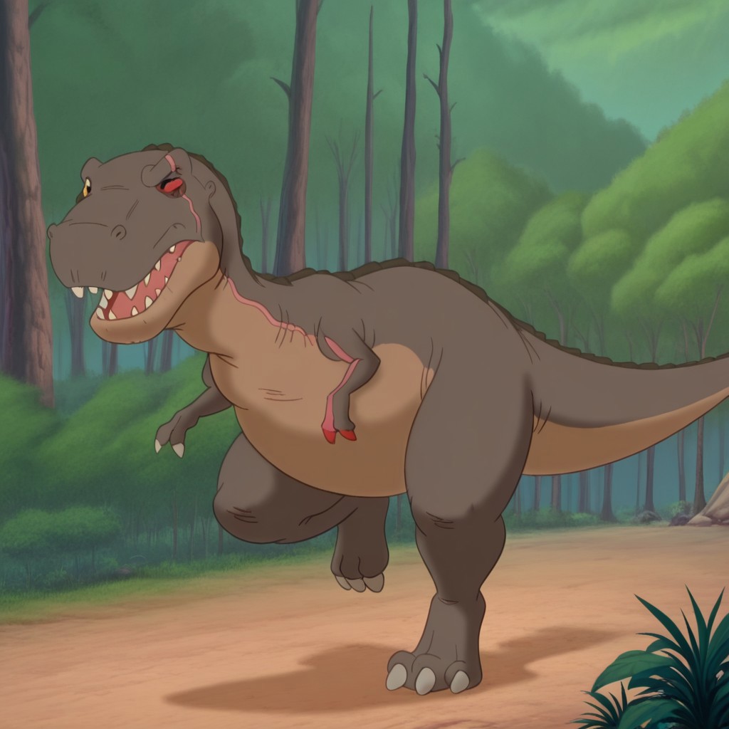 masterpiece, best quality, amazing quality, redclawlbtil, feral, male, Tyrannosaurus, brown skin, scar, one red sclera, one yellow sclera, black eyes, pink scar, forest,   fully body,  solo, one red finger claw, running, straight-on