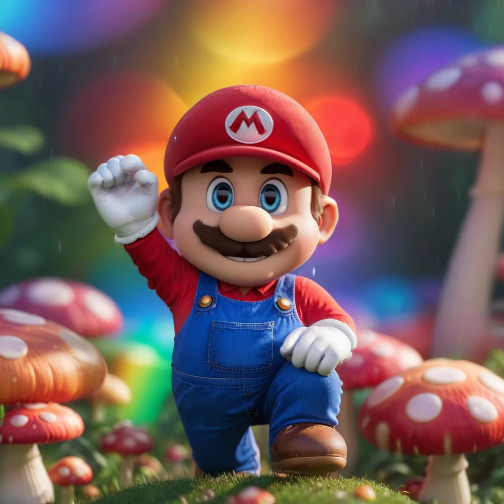cinematic photo mario , rainbow, mushroom <lora:Mario1024-000200:0.8> . 35mm photograph, film, bokeh, professional, 4k, highly detailed