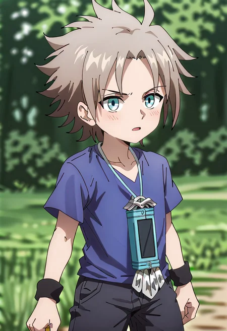 TangiriniStyle,
score_9, score_8_up, score_7_up, Solo, RedsebMuntzer, 1boy, male, short spiky light brown hair, light skin, blue eyes, thin eyebrows, sharp chin, lavender V-neck T-shirt, dark gray pants, black wristbands, pendant with large blue device, skinny,