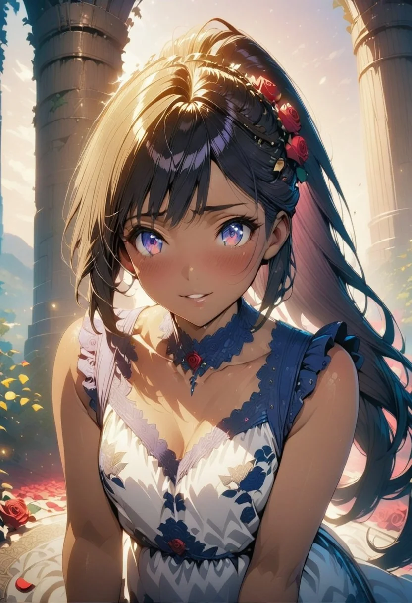 (masterpiece), (best quality), (ultra-detailed), very aesthetic, illustration, perfect composition, intricate details, absurdres, detailed face, (anime, masterpiece, intricate:1.3), (best quality, hires textures, high detail:1.2), (4k),(incredibly detailed:1.4) (((Best quality))), (((Ultra detailed))),(dim lighting, light particles, realistic, highres, Shy smile:1.4, absurdres) ,1girl, solo, looking at viewer, very long hair,high ponytail, indigo eyes, rose hair ornament, dress, frilly indigo back hair bow, cowboy shot, indigo hair, red roses, parted lips, pastel ribbons in hair, red roses in hair, indigo eyes, eyelashes, lips, pastel blue lace sleeveless dress,rose print dress, red roses, pale pink background, curly hair, rose vines with thorns,( rose petals falling in the air:1.3), soft light, tan skin, brown skin, hair blowing in the breeze, pastel theme, pastel colors, roses around the girl,half body shot, holding a rose