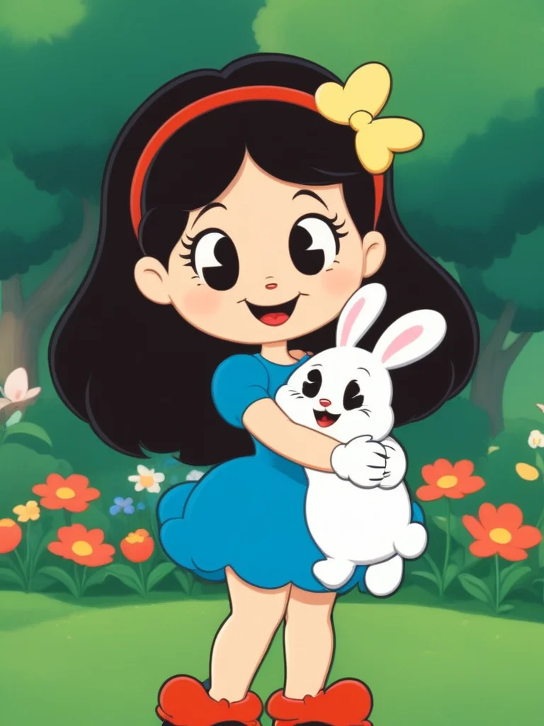 cute girl, human, (rubber_hose_character:1.3) <lora:RubberHose_Characters_SDXL_v1:2>cartoon, noodle_limbs, holding her fluffy bunny, garden background