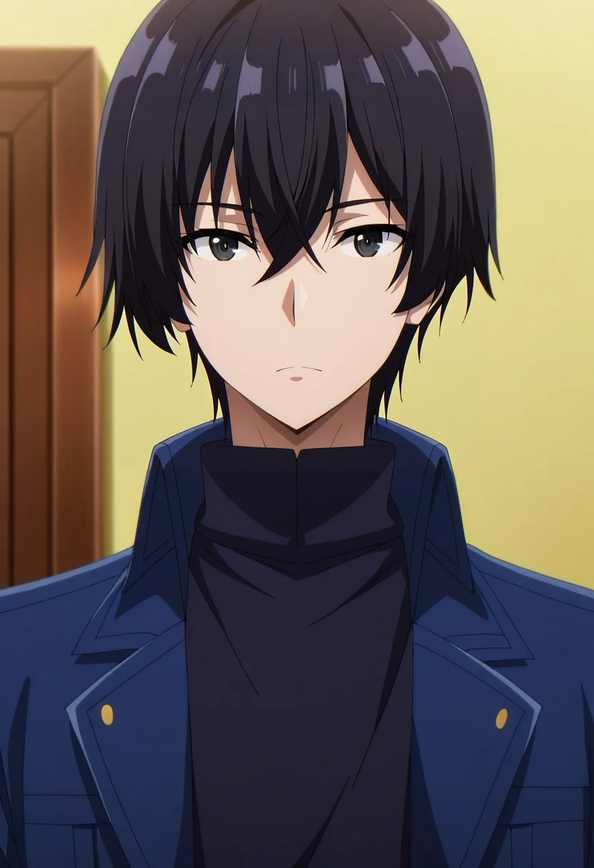 masterpiece, best quality, , anime screencap, , , looking at viewer, 1boy, solo, male focus, <lora:cid_kagenou_ilxl:1>, cid_kagenou, black hair, short hair, hair between eyes, bangs, black eyes,