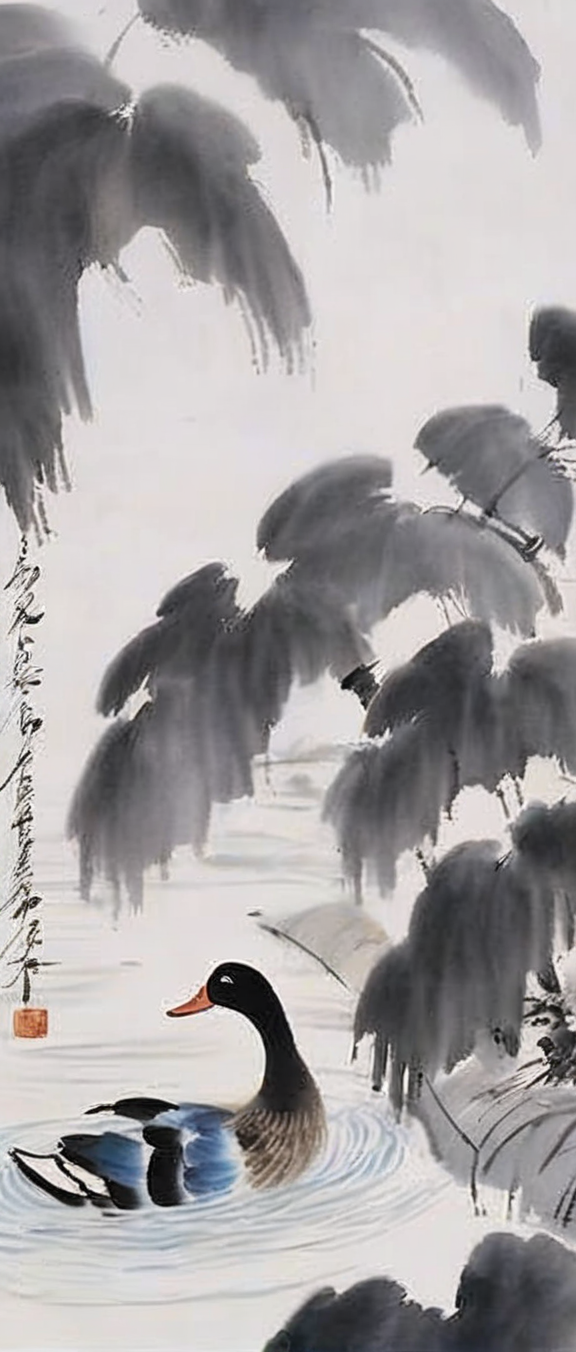 <lora:baishi_xl_0_-000004:1>,baishi,freehand painting,1 duck splashing in the water,
