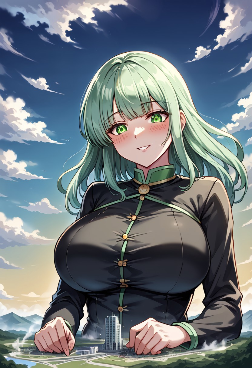 jvdaniang, giantess, (giga size: 1.4), source anime, 2d, large breasts, eyesHD, high gradient eyes, detailed eyes, high definition eyes, 1girls, women, A serene giantess with skin that appears to be made of soft, glowing clouds, her features shifting gently like the sky at dawn. Her hair is a cascade of silver vapor, and her eyes shine like the morning sun. She wears a gown of swirling mist that sparkles faintly with droplets of dew. The setting is a sky-high realm of drifting clouds and floating islands, as she rests on a massive cloudbank, sculpting shapes in the mist with her hands.