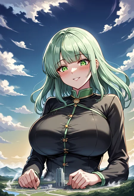 jvdaniang, giantess, (giga size: 1.4), source anime, 2d, large breasts, eyesHD, high gradient eyes, detailed eyes, high definition eyes, 1girls, women, A serene giantess with skin that appears to be made of soft, glowing clouds, her features shifting gently like the sky at dawn. Her hair is a cascade of silver vapor, and her eyes shine like the morning sun. She wears a gown of swirling mist that sparkles faintly with droplets of dew. The setting is a sky-high realm of drifting clouds and floating islands, as she rests on a massive cloudbank, sculpting shapes in the mist with her hands.