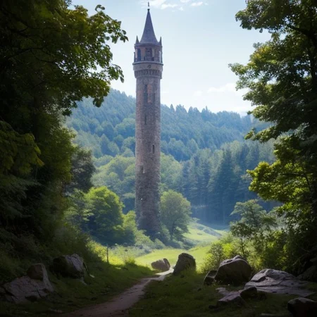 realistic analog photo, award winning photo, vary wide shot of stone witow tower:1.3, no humans, scenery, blue sky, Style-Winter, forest, dirt road, grassland, nature, outdoors, RAW, highres, 8k, uhd, High Dynamic Range, tonemapping, crisp details,