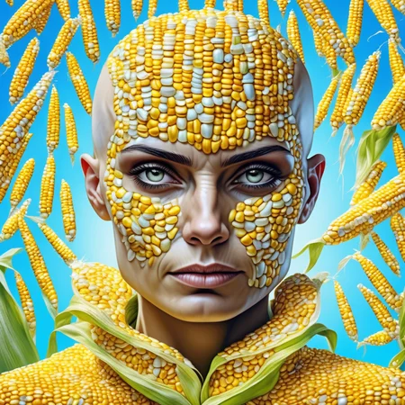 <lora:CornKernelStyle:1>her skin and scalp is completely covered in multi-colored corn kernels,chin,bridge of nose,all corn kernels,<lora:Hoor:1>woman,In an ultra-realistic,the bald girl with a serene expression, Her scalp is smooth and even-toned, with a slight sheen that reflects the ambient light,The natural contours of her head are gently defined, highlighting the curvature of her skull,Fine, barely visible lines and the natural texture of skin add to the authenticity,Her face is expressive, with clear, bright eyes,The delicate arches of her eyebrows frame her eyes, adding to the intensity of her gaze,She has well-defined cheekbones