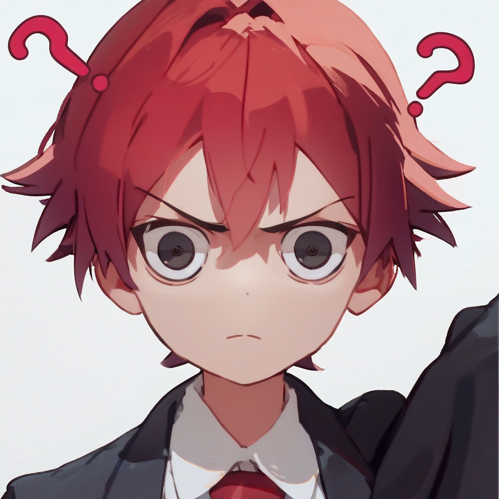 score_8, score_8_up, score_7_up, source_anime, anime screenshot, clagwimoth, confused, ?, portrait,  looking at viewer, tomboy, red hair, short hair, suit, black jacket, white shirt, collared shirt, red necktie,  simple background, white background