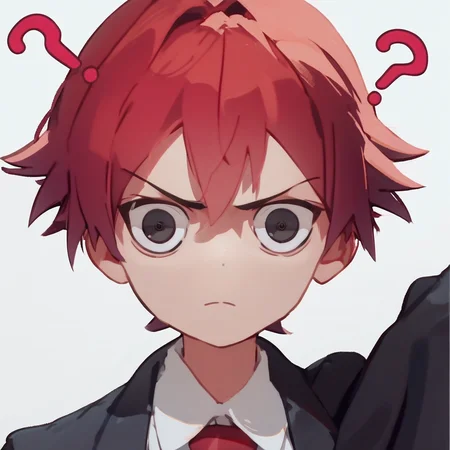 score_8, score_8_up, score_7_up, source_anime, anime screenshot, clagwimoth, confused, ?, portrait, looking at viewer, tomboy, red hair, short hair, suit, black jacket, white shirt, collared shirt, red necktie, simple background, white background