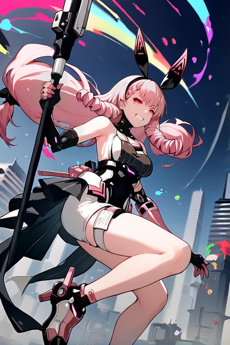 score_9, score_8_up, score_7_up, black hairband, fake animal ears, mecha musume, high heels,
pink hair, low-tied long hair, drill sidelocks, pink eyes, breast cutout, leotard, white shorts, short shorts, thigh strap, thigh pouch, mechanical arms, showgirl skirt, braid,
city, paint, paint splatter,
night,
polearm, holding polearm, one leg up, grin, knee, weapon pose, spear, bokeh, in focus, rainbow
<lora:aylakaleido:1>