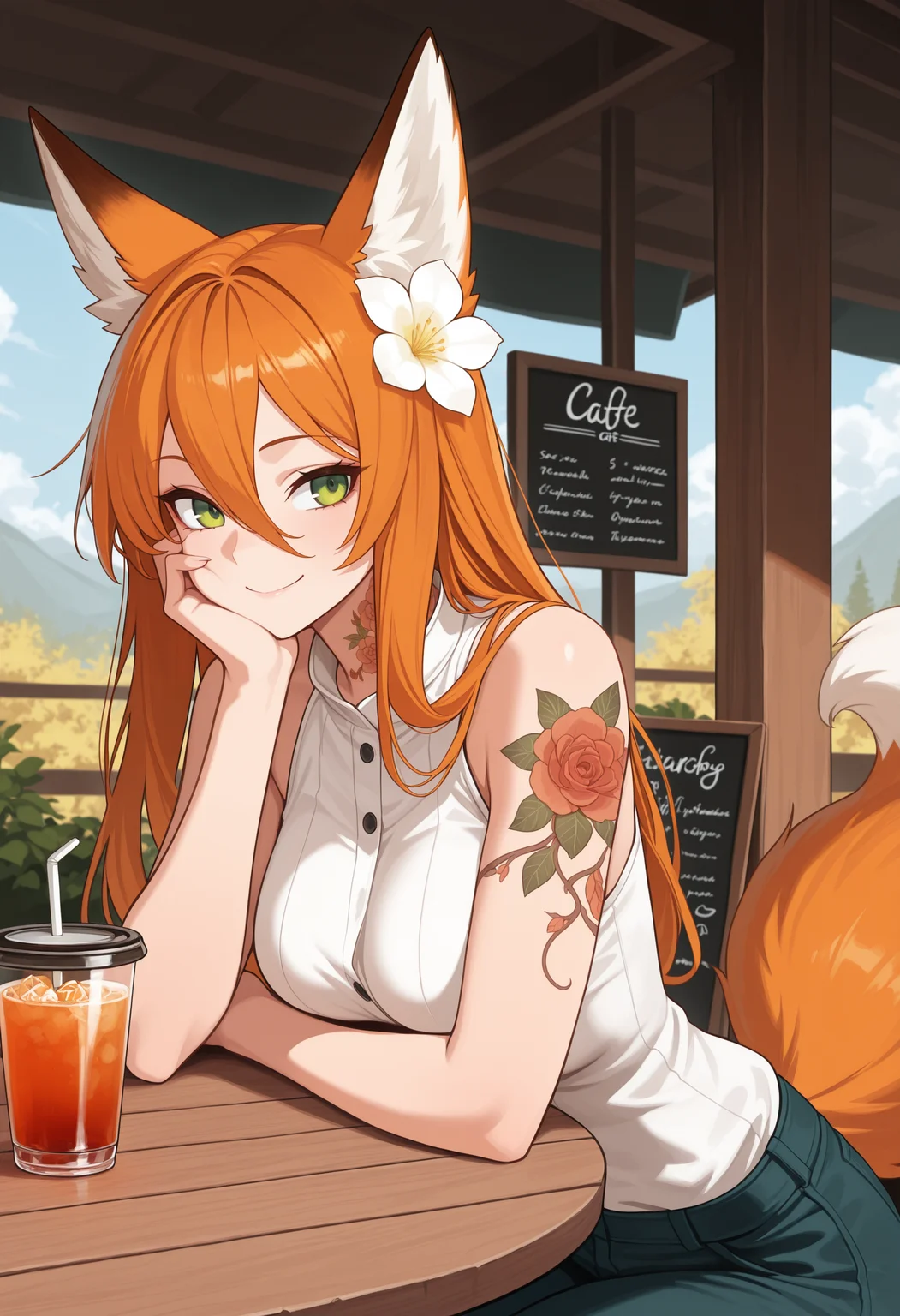 masterpiece,best quality,amazing quality,atmospheric, high detailed skin, hair between eyes, tail,long hair, fox girl, orange hair, green eyes, smile, cafe, arm support,sitting, head to own cheek, outdoors, arm-tattoo, arm tattoo, sitting at table, head rest, hand to own cheek, neck tattoo, rose tattoo, smile, flower hair ornament, relaxed, smile, drink, sleeveless shirt,
<lora:Tattoo (Illustrious) v1:1>