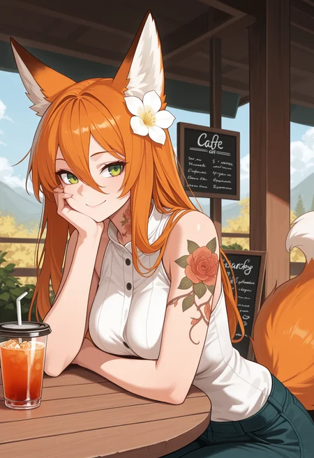 masterpiece,best quality,amazing quality,atmospheric, high detailed skin, hair between eyes, tail,long hair, fox girl, orange hair, green eyes, smile, cafe, arm support,sitting, head to own cheek, outdoors, arm-tattoo, arm tattoo, sitting at table, head rest, hand to own cheek, neck tattoo, rose tattoo, smile, flower hair ornament, relaxed, smile, drink, sleeveless shirt,
<lora:Tattoo (Illustrious) v1:1>