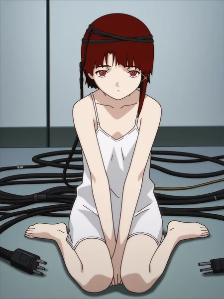 best quality, amazing quality, very aesthetic, absurdres, masterpiece, anime screencap, <lora:Lain_ILXLv0:1> iwakura_lain_\(sel\), wariza, barefoot, white camisole, red eyes, red hair, cable, cables in hair:1.2, pov, iwakura_lain_wires