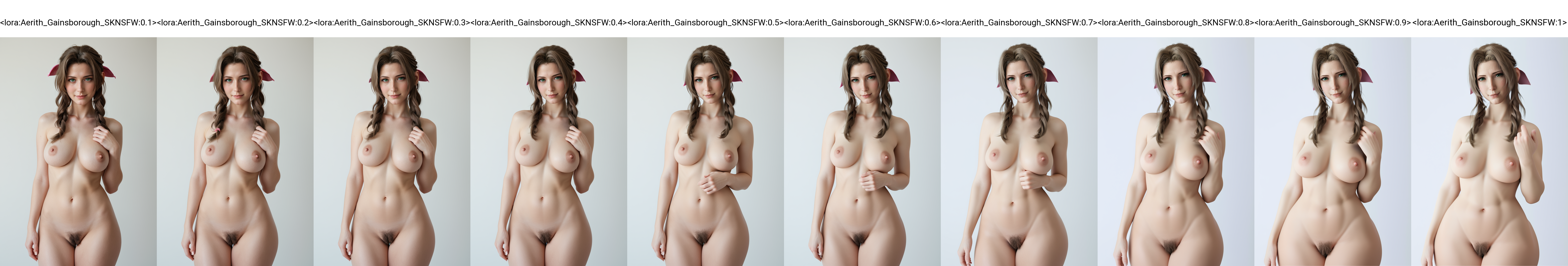 score_9, score_8_up, score_7_up, realistic,
1girl, solo, 
standing,
looking at viewer, light smile, half-closed eyes, blush,
Aerith_Gainsborough_SKNSFW, long hair, brown hair, green eyes, hair ribbon, braid,
large breasts, thick thighs,
nude, female pubic hair, 
white background,
  <lora:Aerith_Gainsborough_SKNSFW:0.1>