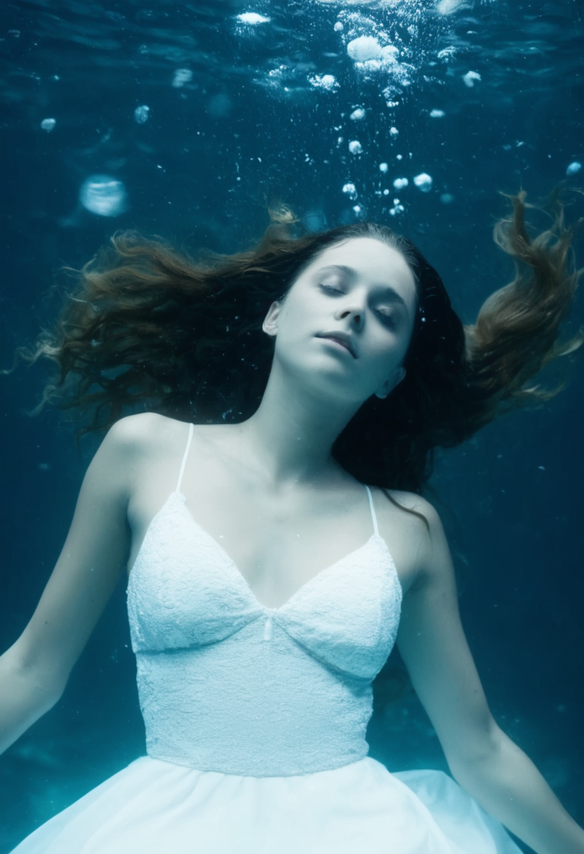 cinematic film still close-up of a deathly pale young woman floating under water, long hair floating, long white dress floating, floating particles, milky eyes wide open  <lora:corpse:1>