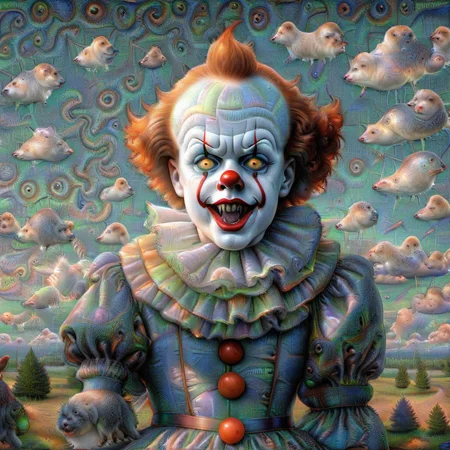 <lora:DeepDream2:1> pennywise, clouds blue sky (((DeepDream2)))