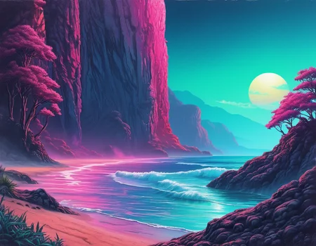 synthwave-galaxy,masterpiece, professional artwork,landscape painting of beach bay of sea , cliff in the background, and Woodland , ,<lora:Synthwave_Galaxy:.8>