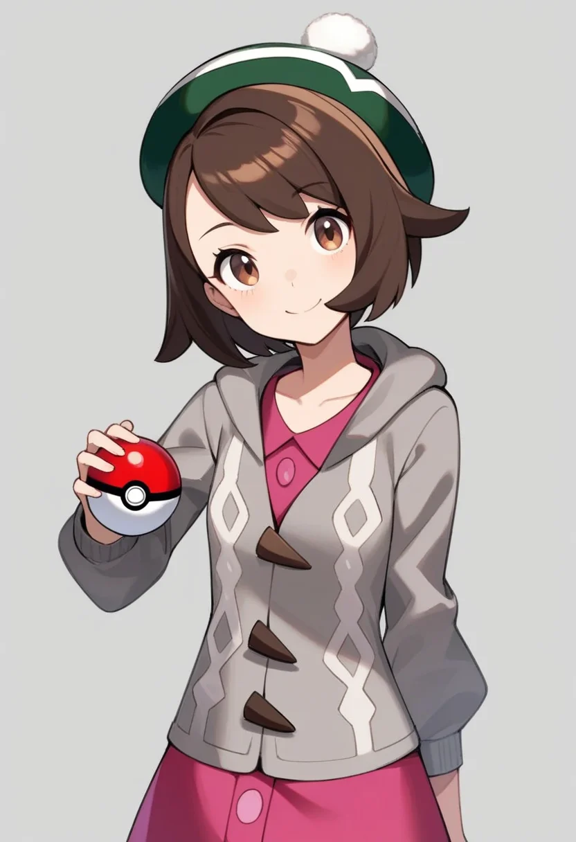 masterpiece,best quality,very aesthetic,absurdres,<lora:gloria_(pokemon):0.8>,grey_background, grey_jacket, green_hat, tam_o'_shanter, 1girl, hoodie, flat_chest, head_tilt, jpeg_artifacts, hand_up, english_commentary, simple_background, closed_mouth, smile, looking_at_viewer, light_blush, gloria_\(pokemon\), grey_cardigan, solo, holding_poke_ball, long_sleeves, poke_ball_\(basic\), upper_body, pink_dress, happy