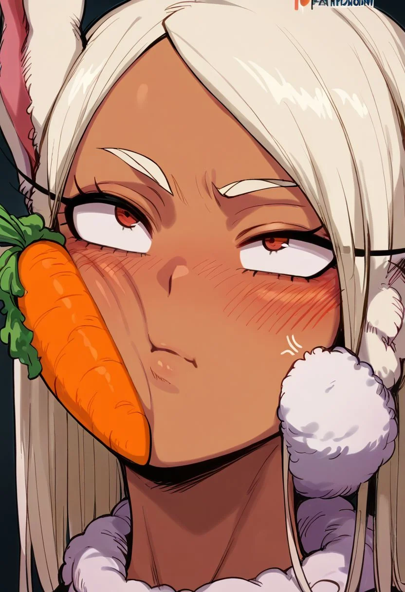 score_9, score_8_up, score_7_up, score_6_up, 1girl, 1boy, 2d, source_anime, anime, , bluethebone style, Rumi Usagiyama, Mirko (My Hero Academia), dark skin, looking up, , annoyed, blush, close-up,
carrot on cheek