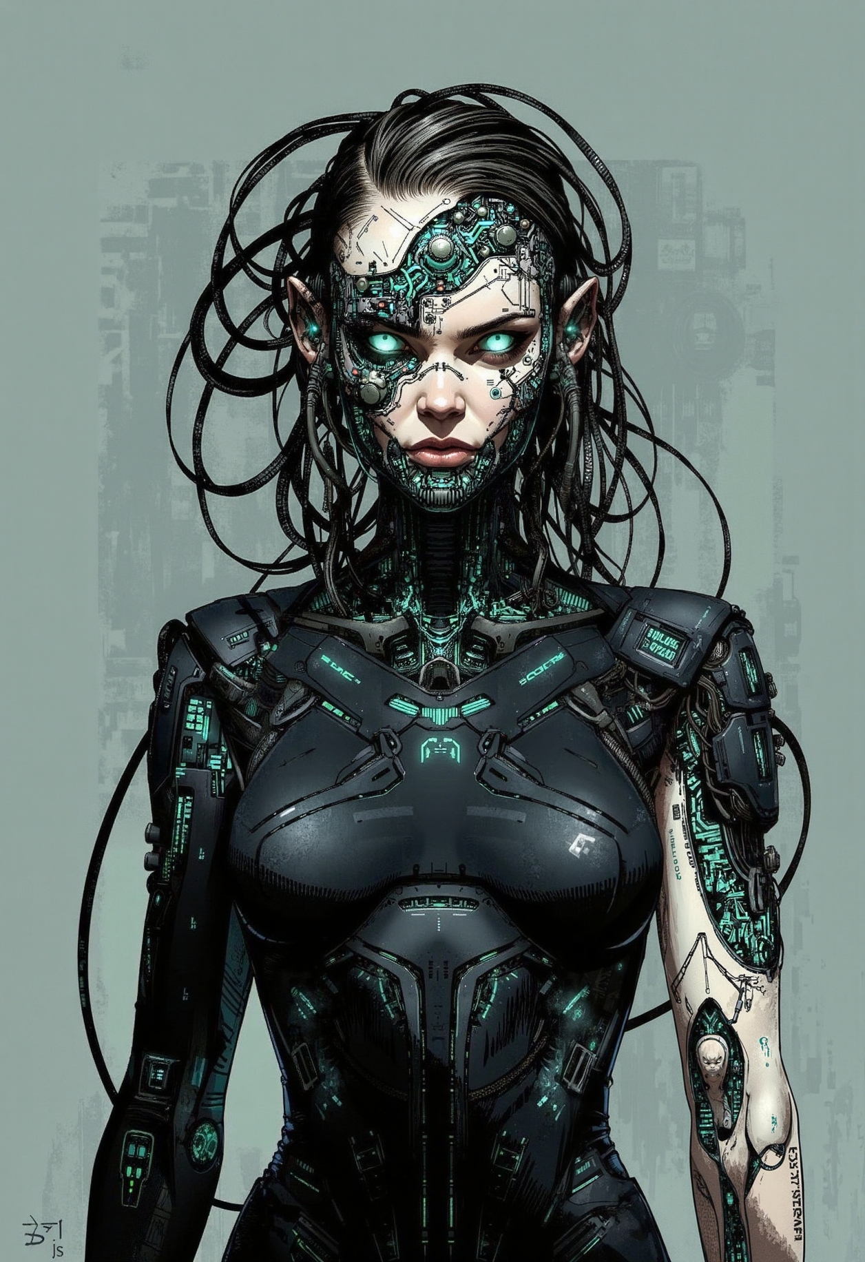 A digital illustration portrait in the style of ck-js, depicting the female central nexus of a Borg-inspired collective. Her expression is impassive, a conduit for the hive mind. Her body is a canvas of invasive cybernetics: dark, segmented plating covers much of her torso and one arm, intricate wiring snakes visibly across her pale skin, and a complex array of sensors and implants replaces a significant portion of her skull and face. A network of fine, glowing green or cyan conduits pulses beneath semi-translucent synthetic skin panels. Her remaining organic features appear almost like relics within the overwhelming technology. Stark, directional lighting casts deep shadows, emphasizing the texture of metal, wire, and integrated flesh. Focus on the loss of individuality, the dominance of the machine, and the cold efficiency of the collective.