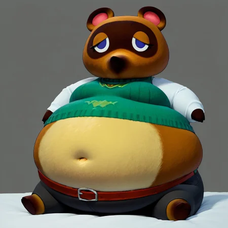 score_9, score_8_up, score_7_up, score_6_up, score_5_up, simple background, solo, best quality, 1girl, Tom Nook, Tanuki, Animal Crossing, furry, Brown fur, tan belly, eyelashes, animal ears, green sweater vest, white sleeves,jacket, black leggings, belt, sitting on bed, (obese:1.6), bedroom background, window