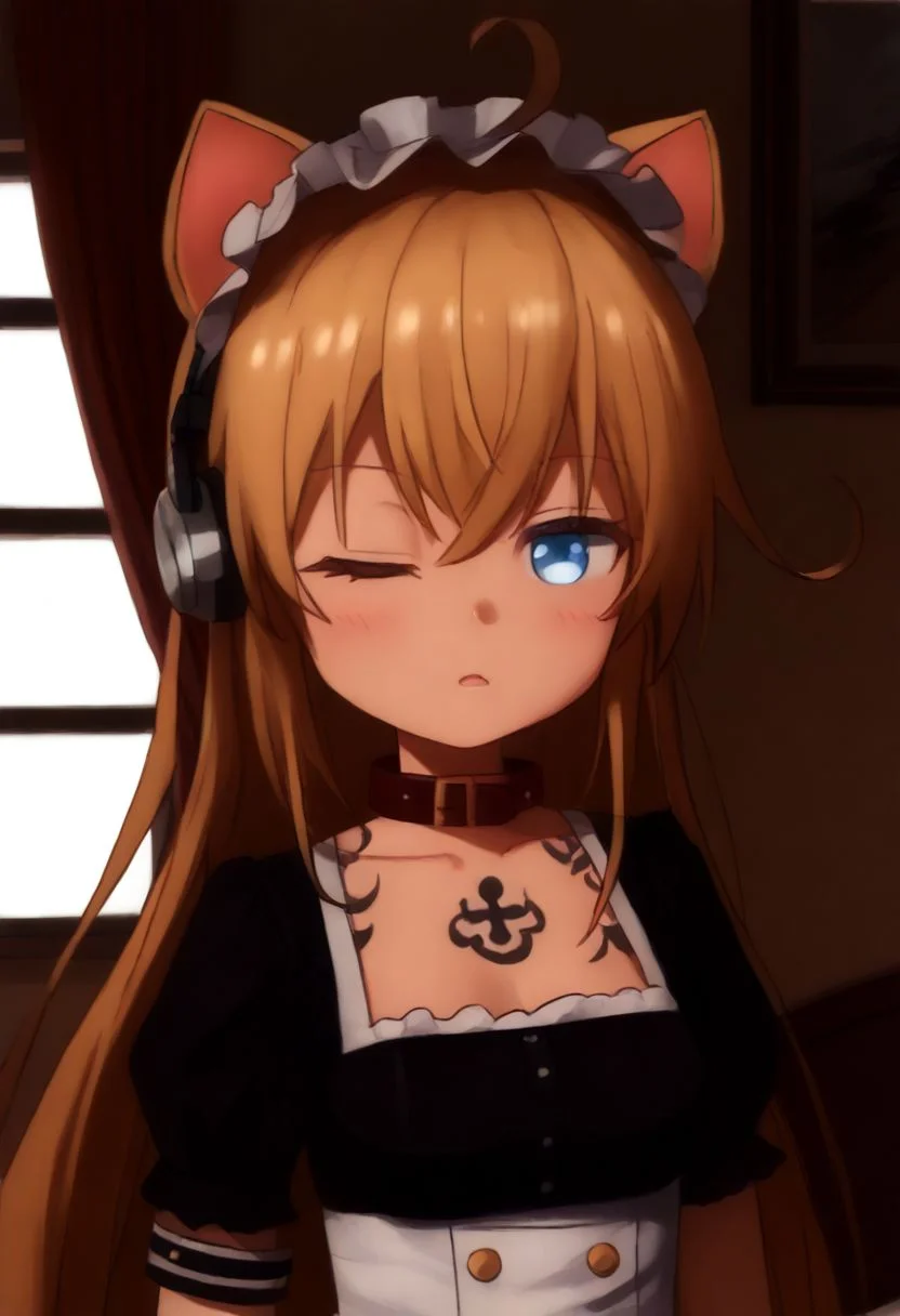 Azur Lane Slow Ahead Style, score_9, source_anime, 1girl, solo, (albacore \(azur lane\), maid, small breasts,:1.3), (arm tattoo, shoulder tattoo:1.3), (head tilted, one eye closed, quirky emoji:1.4), BREAK (upper body, close up portrait, 45-degree angle, looking away:1.4), BREAK (on bed, window, curtain, painting, side lighting:1.3)