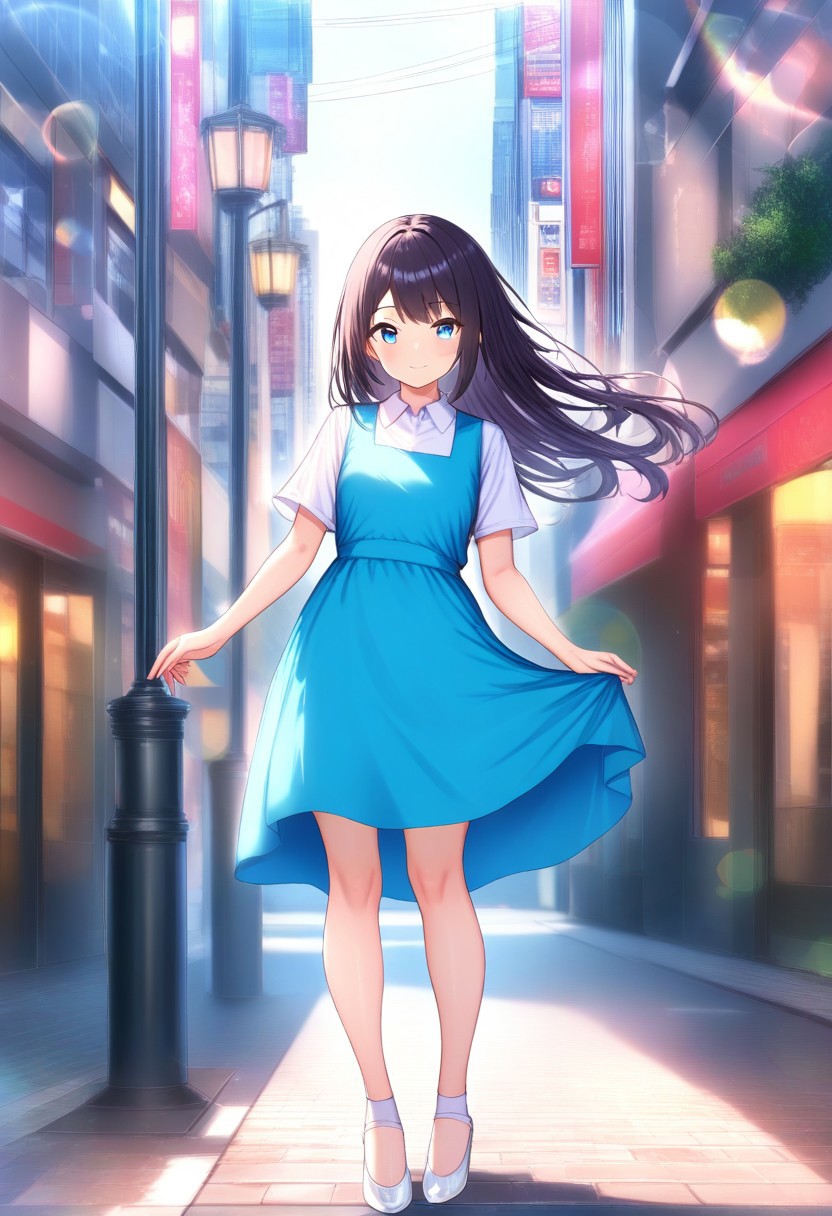 masterpiece, best quality,amazing quality,(1girl), solo,(depth of field),(solo focus),8K,HDR,(ultra high res),(highres),(full body),(lens flare),smile,blush,(black hair),(long hair),(blue eyes),(floating hair), sidelocks,(malaysian secondary school uniform),(pinafore dress),(aqua blue skirt),(blue pinafore),(collared shirt),(white shirt),(short sleeves),(white socks),(short socks),(white footwear),(ballet flat),(outdoor),(cityspace),(city),(street),(lampost),(standing),(looking at viewer)