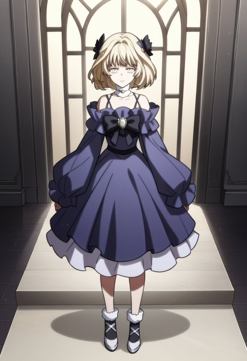 score_9, score_8_up, score_7_up, source_anime,anime screencap, anime coloring,intricate details,rating_explicit, masterpiece, best quality,
(best quality, absurd res, ultra detailed),1girl, ((solo)), good eyes,perfect eyes,,detailed eyes, ,detailed, detailed face, <lora:add-detail-xl:3>,
BREAK
<lora:Rachel_Young:1>, RY, 1girl, yellow eyes, blonde hair, hair ornament,white choker, purple dress, bare shoulders,
looking at viewer.standing,full body,