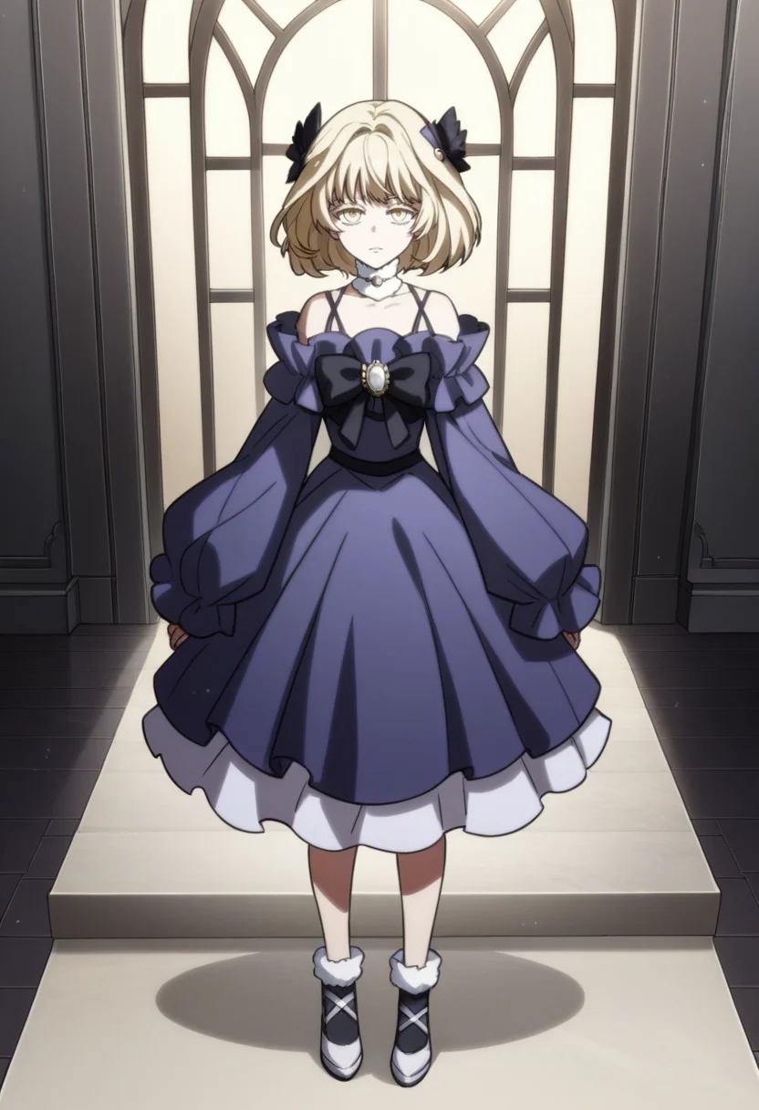 score_9, score_8_up, score_7_up, source_anime,anime screencap, anime coloring,intricate details,rating_explicit, masterpiece, best quality,
(best quality, absurd res, ultra detailed),1girl, ((solo)), good eyes,perfect eyes,,detailed eyes, ,detailed, detailed face, <lora:add-detail-xl:3>,
BREAK
<lora:Rachel_Young:1>, RY, 1girl, yellow eyes, blonde hair, hair ornament,white choker, purple dress, bare shoulders,
looking at viewer.standing,full body,