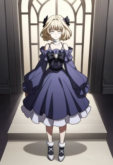 score_9, score_8_up, score_7_up, source_anime,anime screencap, anime coloring,intricate details,rating_explicit, masterpiece, best quality,
(best quality, absurd res, ultra detailed),1girl, ((solo)), good eyes,perfect eyes,,detailed eyes, ,detailed, detailed face, <lora:add-detail-xl:3>,
BREAK
<lora:Rachel_Young:1>, RY, 1girl, yellow eyes, blonde hair, hair ornament,white choker, purple dress, bare shoulders,
looking at viewer.standing,full body,