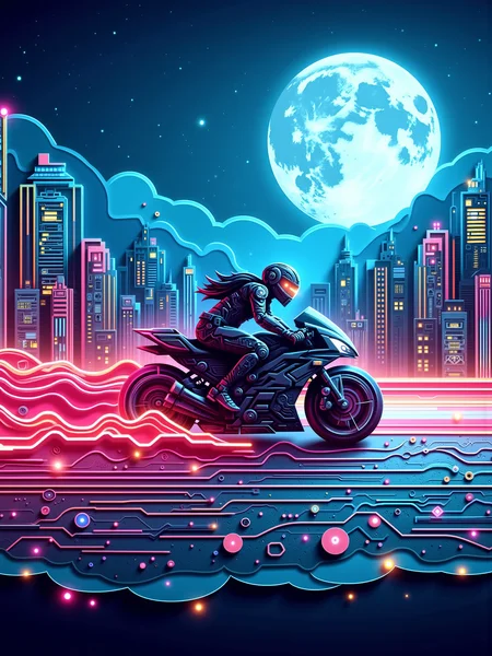 mad-pprct1 cityscape, man on motorbike racing through city moon, night sky, glowing outline, neon lights, glowing outlines<lora:Neon_Cyberpunk_Papercut_1_FLUX:1.0>