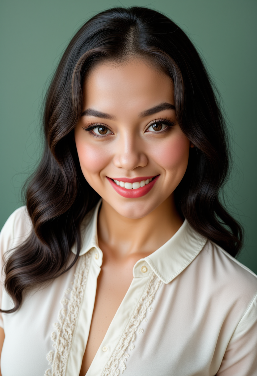 She is approximately 18 years old. Hyperrealism, she is looking at the camera, (dynamic angles), headshots of a beautiful, stunning unique female character.  she has dark hair. her eyes are filled with joy and excitement, extravagant eyelashes. a photo of AGDV2_nokrea, she is wearing a white frilly shirt. The woman is posing confidently. simple sage green colored background. She has a slight smile on her face and is looking directly at the camera. making this image a masterpiece of photography and digital art. realistic. making this image a masterpiece of photography and digital art. Style: realistic hyper-detailed rendering, 32k UHD, expressive eyes, punk, graphic design, girl's face, pretty and cute, gleaming lips, telling a tale of adventure. Exuding confidence and serenity. The overall mood of the image is happy and relaxed,detailed skin texture,(blush:0.2),(goosebumps:0.3),subsurface scattering,whimsical,Detailed hand, Perfect hand. Perfection style.