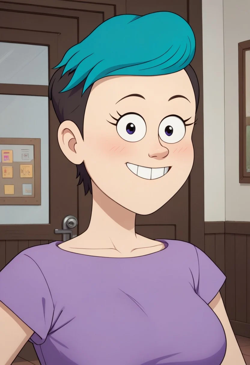 ((room background)),score_9, score_8_up, score_7_up,score_6_up,
1girl, solo, Celia_RS, light skin, black eyes, short hair, black hair shaved sides, hair teal fringe, purple t-shirt with a round neck, blue violet sash belt, black pleated skirt, long white socks, brown shoes, big eyes, cute, tall stature, social smile, perfect eyes, perfect smile, looking at the viewer, detailed eyes, perfect eyes, standing, big breasts (front pose, bust shot, close up to face, face portrait:1) five fingers, perfect hands, hands on hips