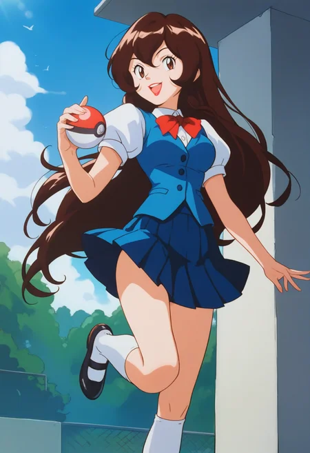 score_9, score_8_up, score_7_up, score_6_up, source_anime, BREAK 
<lora:PMGiselle:0.7>, PMGiselle, 1girl, very long hair, brown hair, hair between eyes, bangs, brown eyes, lipstick, breasts,
puffy short sleeves, white kneehighs, red bowtie, white shirt, blue vest, blue skirt, pleated skirt, black shoes,
looking at viewer, smile, open mouth, holding poke ball, standing on one leg,
BREAK school, blue sky, day, outdoors, sunlight,