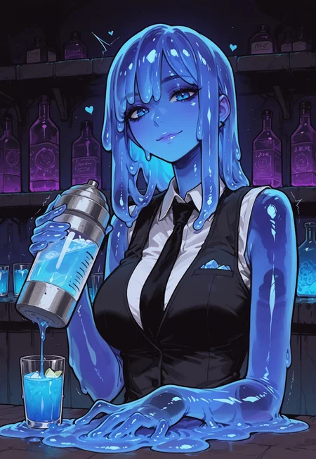score_9, score_8_up, score_7_up, masterpiece, best quality, very aesthetic, 1girl, incoth, (incase:0.6), detailed face, (dynamic:1), stylized, illustration, r17329_illu, slime girl, barkeeper, bar, elegant outfit, purple slime, long slime hair, dripping, shaker, shaking, looking at viewer, badass, blue eyes, drinks, glow, sleeveless, vest, transparent face